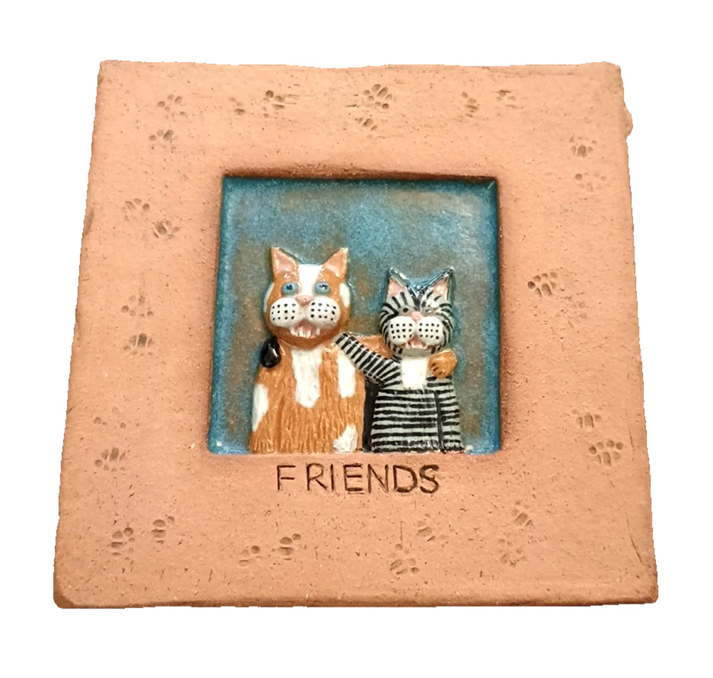 Studio Artist Signed Art Pottery Wall Tile Textured 3D Raised Cats FRIENDS 5"x5"